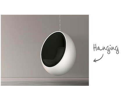 Black and white hanging egg chair on grey background